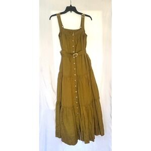 Mon Renn Olive Green Linen Blend Tiered Button Front Maxi Dress Belted Size 4